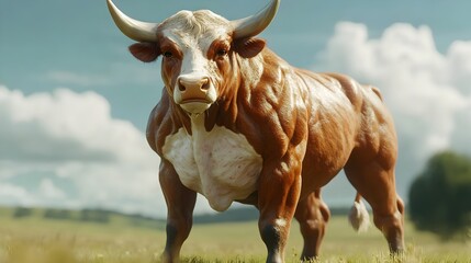 3D render of a muscular cow bodybuilder in a cinematic Unreal Engine style. Fusion of Strength, Power, and Artistic Visualization with Nature. Cartoon Bodybuilder Cow Mascots anima illisturation