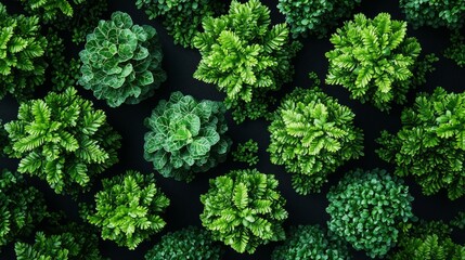 Aerial view of lush green plants arranged on a dark background.