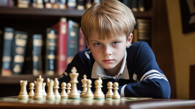 Young Chess Prodigy Concentrates Deeply on a Strategic Game in a Library Setting
