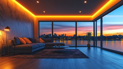 Modern apartment living room sunset city view
