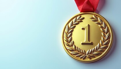 Golden first place medal with laurel wreath detail and ribbon