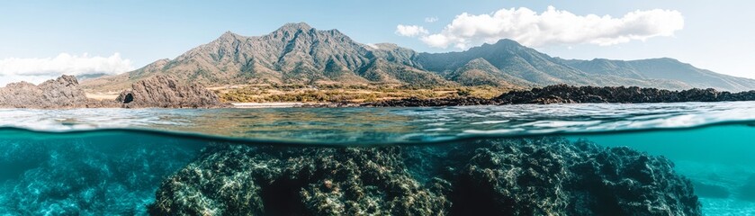 A stunning split-shot view of clear turquoise waters revealing rocky underwater landscapes contrasted with majestic mountains in the background, Ideal for travel, nature, or aquatic lifestyle themes,