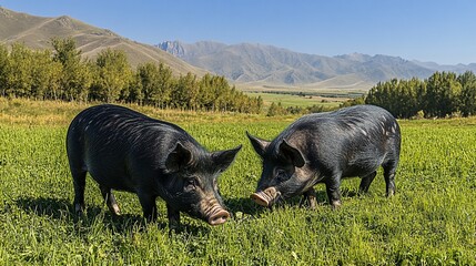Two black pigs in a grassy field, mountains in the background. Possible use Agricultural stock photo