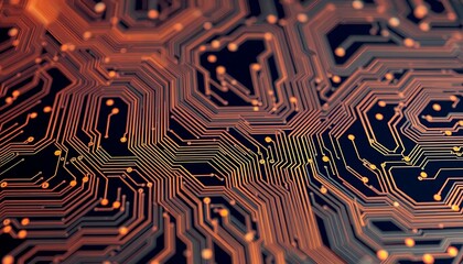 Intricate Circuit Board Design Warm Orange Traces Dark Background