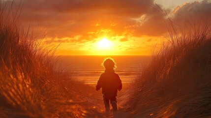Obraz premium Child Walking Towards Sunset Ocean Beach