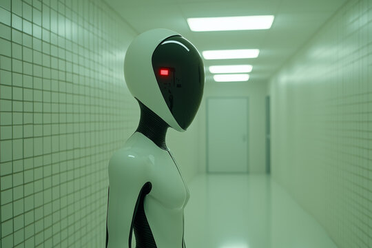 futuristic robot stands in sterile, illuminated corridor