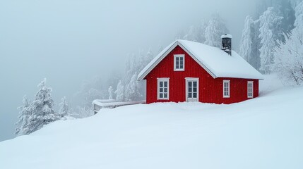 Red Cabin Nestled In Snowy Winter Landscape