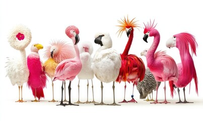 Pink flamingos, studio shot, whimsical, feathers, bright background, advertising