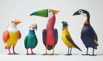 Colorful tropical birds studio shot, white background, digital illustration, children's book