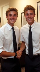 Fototapeta premium Two teens shaking hands, formal wear, hallway