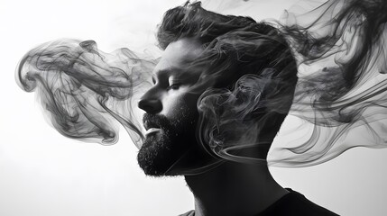 Fototapeta premium Breath of smoke man in contemplation studio photography monochrome intimate environment close-up aesthetic