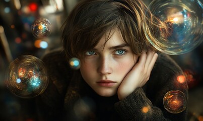 Fototapeta premium Pensive teen girl, orbs background, indoor setting, dreamy portrait, stock photo