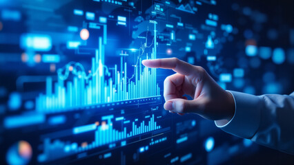 Interactive data analysis: A hand interacts with a holographic display showing financial charts and graphs, illustrating data visualization and analysis in business.