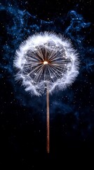 A dandelion seed head against a dark, starry background.  The ethereal glow creates a magical feel.