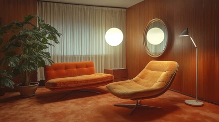 Vintage orange and wood paneled living room interior with a globe lamp, lounge chair, and potted plant showing classic 1970,s styling