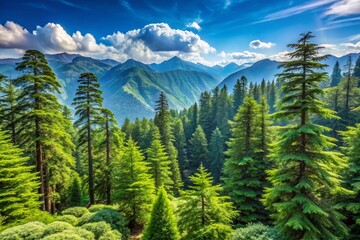 Fototapeta premium Majestic Himalayan Cedar Forest Panoramic, Clear Blue Sky, Breathtaking Mountain Scenery