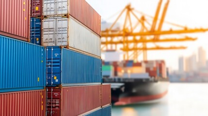 Fototapeta premium Stack of Cargo Containers at a Busy Port