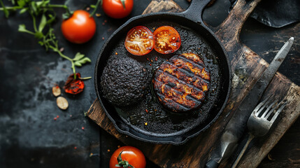 Full English breakfast with black pudding and grilled tomatoes