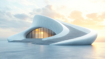 Obraz premium Modern, white, architectural building with smooth curves and a large window, overlooking a tranquil waterfront, bathed in soft, golden sunlight.