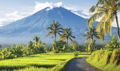Obraz premium Scenic rural road winding through lush green rice paddies with majestic volcano and palm trees in the background, beautiful tropical landscape.