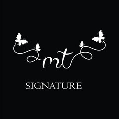 MT Handwritten initial letter, MT simple signature vector logo with butterfly shape variation, beauty, photography letter logo design. M T