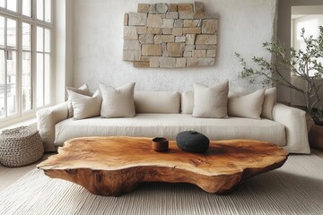 rustic live edge walnut wood coffee table in modern minimalist living room with beige linen sofa, natural stone wall art and textured stucco background