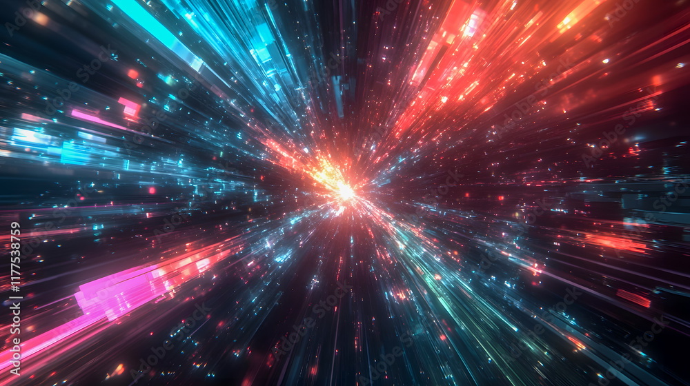 Poster colorful light rays burst through space, creating dynamic patterns and vibrant energy, representing 