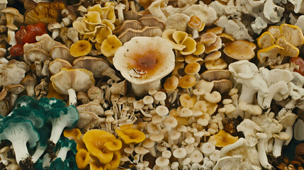 A vibrant collection of various wild mushrooms, showcasing a diverse range of colors, shapes, and sizes, creating a rich and textural background.