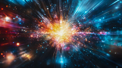 Vibrant cosmic explosion with bright colors and dynamic light rays creating a sense of motion and energy in a vast universe backdrop