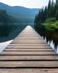 A tranquil mountain lake surrounded by evergreen trees, with a wooden pier stretching into the water