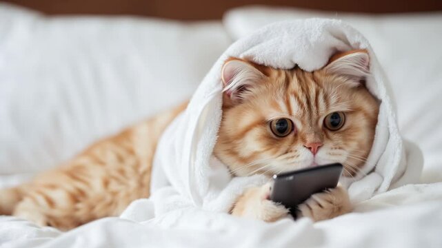 A fluffy orange cat relaxes on a soft bed, wrapped in a towel. The curious feline gazes intently at a phone, showcasing its playful and inquisitive nature.