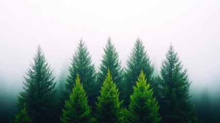 Obraz premium A serene landscape featuring dense, misty evergreens creates an ethereal atmosphere, Ideal for nature themes, environmental projects, or as a calming backdrop in various media,