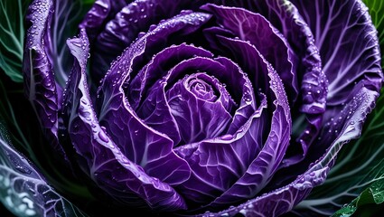 Obraz premium Close-Up of Fresh Purple Cabbage with Water Droplets