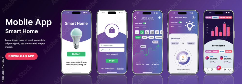 Poster a sleek smart home application interface template featuring modern icons and a gradient design. incl