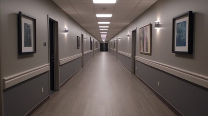 A long, well-lit hallway with framed artwork on the walls.