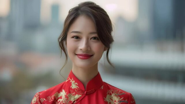 Young woman in traditional red Chinese qipao dress smiling against urban backdrop