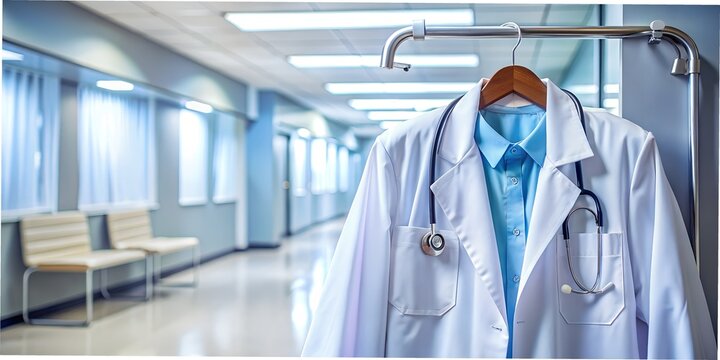 White coat hangs in a bright, modern hospital corridor, waiting for a dedicated medical professional to don it and continue the vital work of healing patients