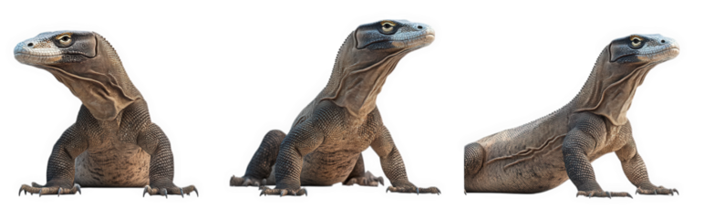 three realistic 3d renderings of a lizard-like creature. showcasing its side profile from different angles the creature has a distinct head shape and textured skin. emphasizing its reptilian features