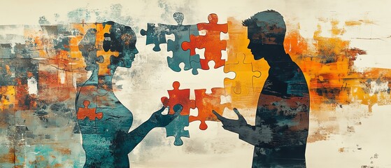 Collage of body fragments and hands holding puzzle pieces, forming a logical challenge, with a minimalist drawing illustration background