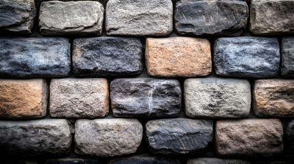 A close-up shot of a rustic stone wall, showcasing the texture and color variations of the irregularly shaped stones. Ideal for backgrounds or design projects needing a rugged, natural feel.