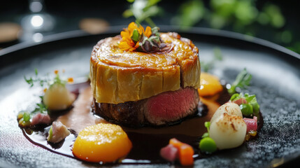 Beef Wellington with golden pastry crust and beef tenderloin