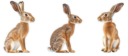 three side-profile views of a rabbit. showcasing its distinct features such as long ears. fur texture. and posture the clean white background emphasizes the rabbit's form. making it suitable for educa