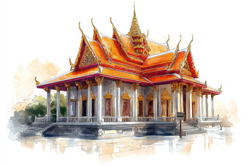 Naklejka premium vibrant hand drawn illustration of traditional Thai temple with intricate details