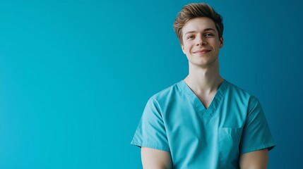 Smiling young male nurse in teal scrubs, blue background.