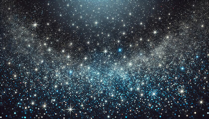 Fototapeta premium A glittery dark blue sky background with shimmering glitter-covered clouds creating a magical and luxurious texture. Blue glitter background. Blue sparkling shiny texture for Christmas. Copy space.