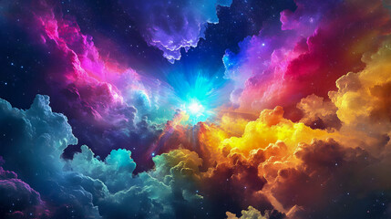 Obraz premium Vibrant Cosmic Clouds with Colorful Light Burst in a Starry Sky Background Perfect for Fantasy and Sci-Fi Themes