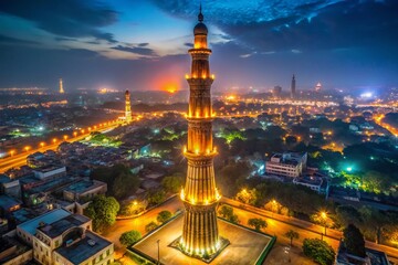 Obraz premium Majestic Night Aerial View of Qutub Minar, New Delhi, India - Rule of Thirds Composition