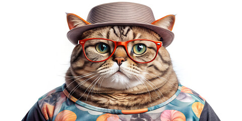 Charming feline dons stylish attire, accessorized with trendy glasses and a hat, radiating personality and character in a whimsical setting