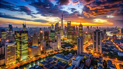 Fototapeta premium Majestic Night Cityscape: Illuminated Skyline at Dusk