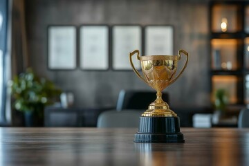 Golden trophy placed on a wooden table in an office setting